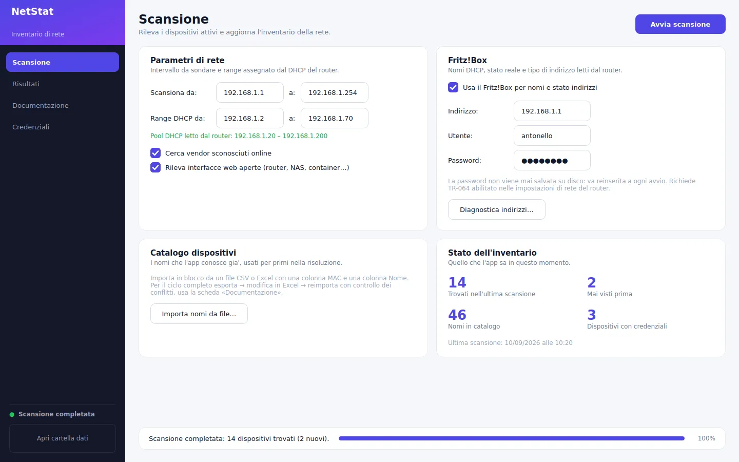 La scheda Scansione di NetStat: parametri di rete, integrazione Fritz!Box, catalogo dei dispositivi e riquadro con lo stato dell'inventario
